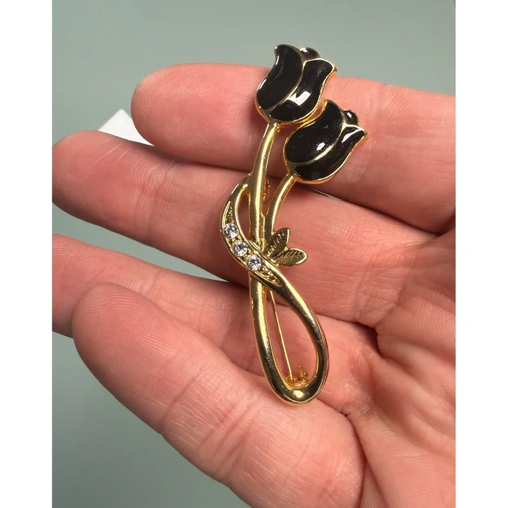 VTG Black & Gold Enamaled Gold Tone Tulip Brooch w/ Clear‎ Rhinestones